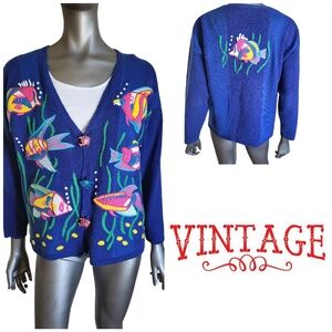 384 Vtg. Timber Lea Blue Embroidered Fish Themed Sweater Cardigan - Size…